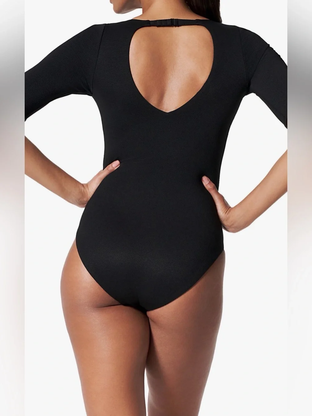 SPANX Black V-Neck One-Piece Swimsuit with Three-Quarter Sleeves